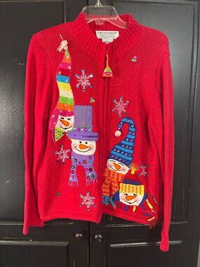 Tiara Snowman Fun Christmas Sweater Knit Detail Zipper Front Cardigan XL Quirky